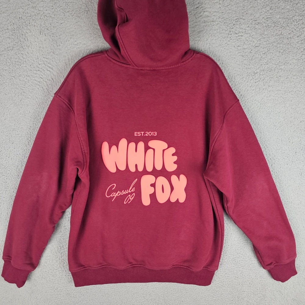 White Fox Hoodie Women M/L Burgundy Capsule 09 Puffy Logo Pullover Sweatshirt